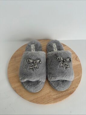 Womens Jessica Simpson Embellished Bow Plush Slide Slippers large 8/9